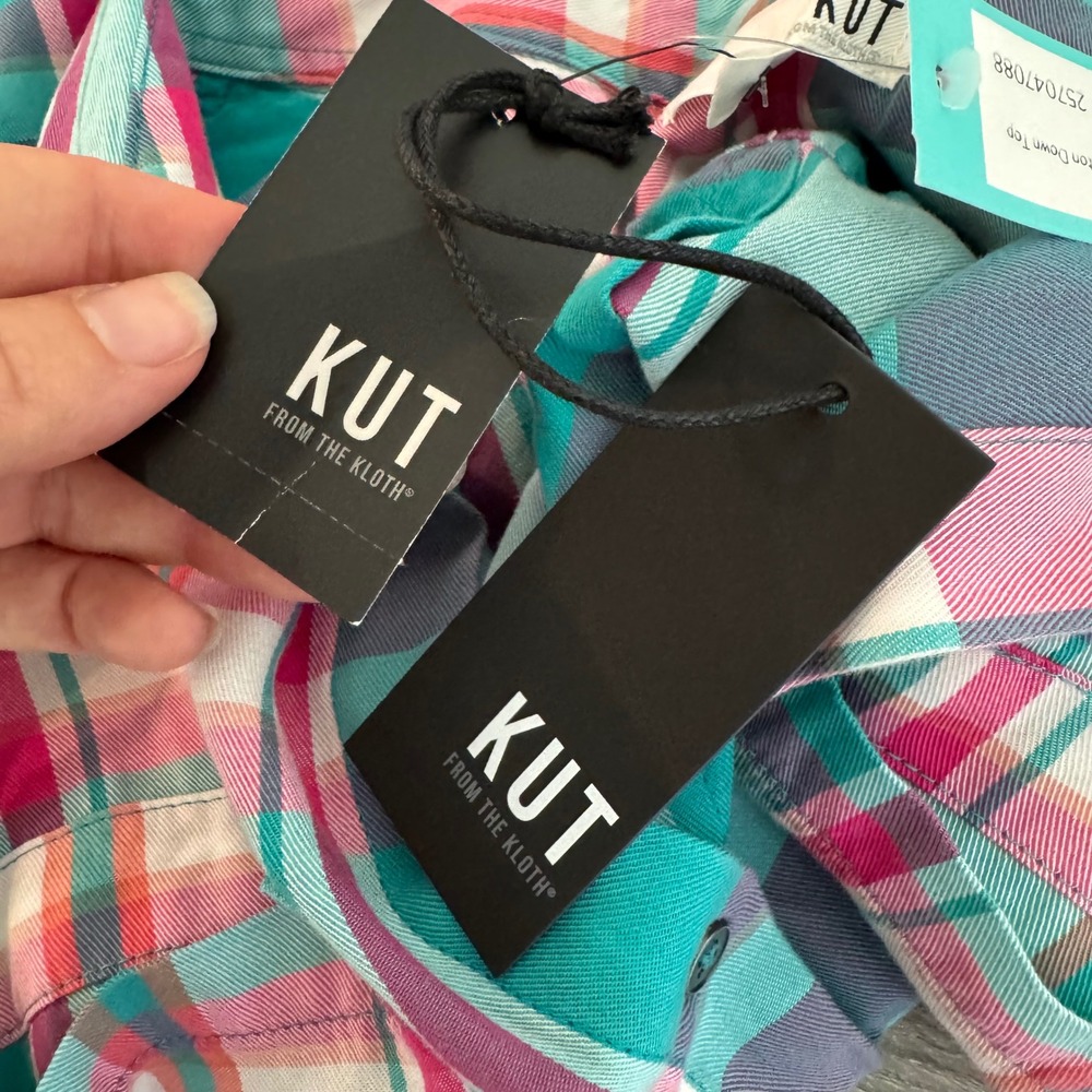 Kut from the Kloth Caillen Flannel Relaxed Button Down Top Pink Aqua Plaid XL - Picture 10 of 14